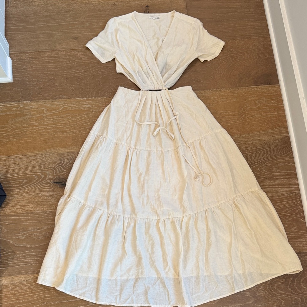 Moon River Cream Cutout Tie Front Midi Dress Linen Look Flowy Size S - Picture 2 of 4